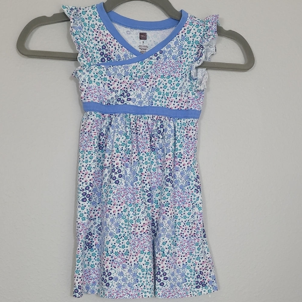 Tea Collection Faux Wrap Floral Dress Size 5 Blue Flutter Sleeve Ruffle Cotton